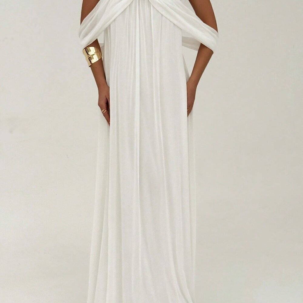 White Elegant Women's Holiday Sexy Off Shoulder Strapless Flowing Backless Dress - Picture 3 of 8